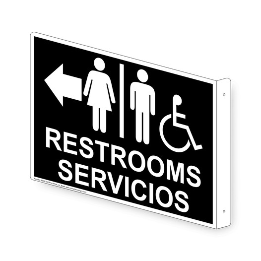 Projection-Mount Black Accessible RESTROOMS - SERVICIOS (With Outward Arrow) Sign With Symbol RRB-7025Proj-White_on_Black