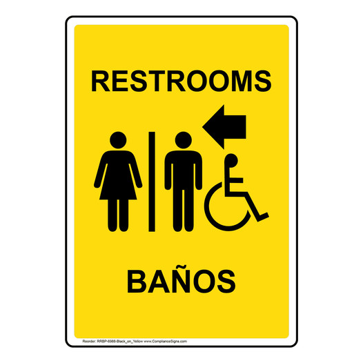 Portrait Yellow Accessible RESTROOMS - BAÑOS Left Sign With Symbol RRBP-6988-Black_on_Yellow