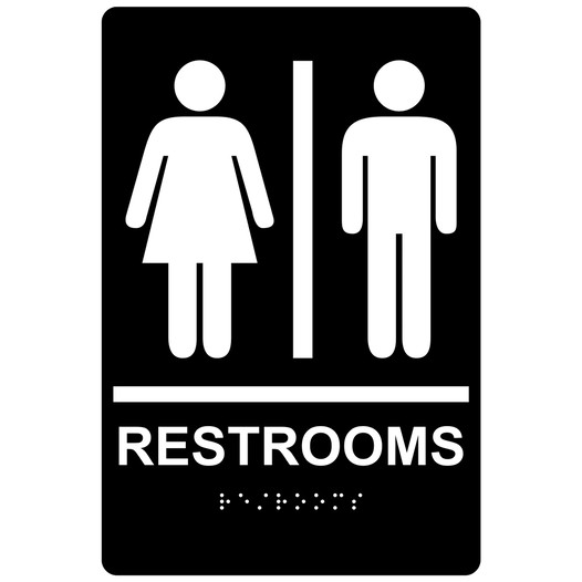 Black ADA Braille RESTROOMS Sign With Symbol RRE-105_White_on_Black