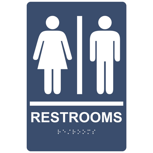 Navy ADA Braille RESTROOMS Sign With Symbol RRE-105_White_on_Navy