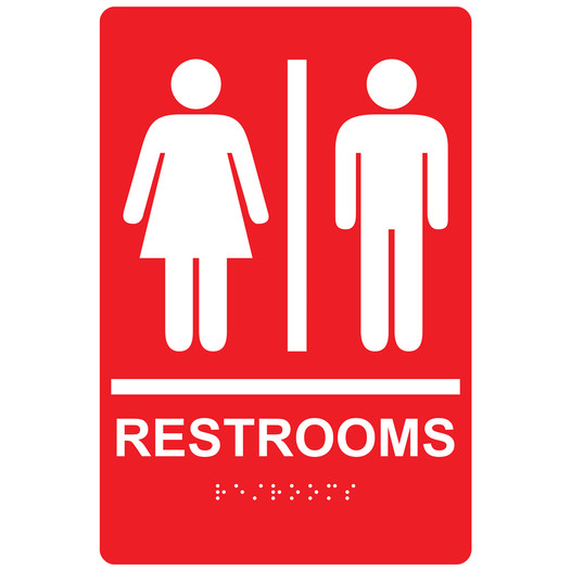 Red ADA Braille RESTROOMS Sign With Symbol RRE-105_White_on_Red