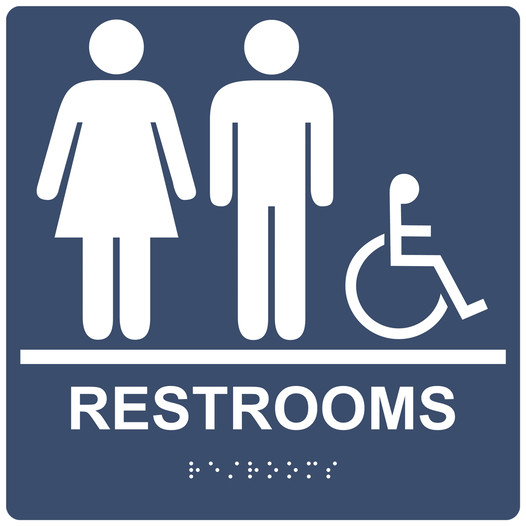 Square Navy ADA Braille Accessible RESTROOMS Sign - RRE-115-99_White_on_Navy