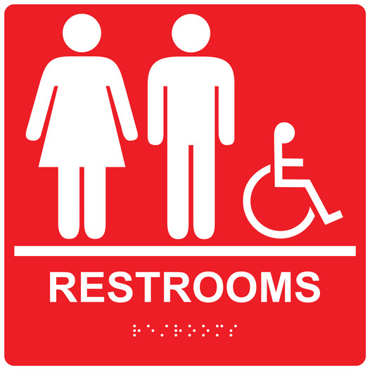 Square Red ADA Braille Accessible RESTROOMS Sign - RRE-115-99_White_on_Red