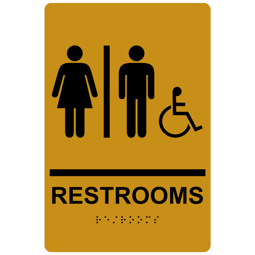 Gold ADA Braille RESTROOMS Sign With Accessible Symbol RRE-115_Black_on_Gold