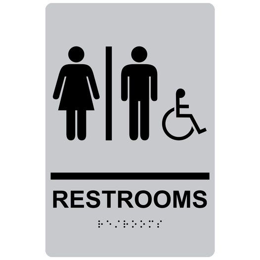 Silver ADA Braille RESTROOMS Sign With Accessible Symbol RRE-115_Black_on_Silver