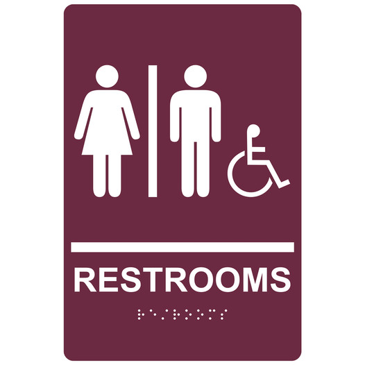 Burgundy ADA Braille RESTROOMS Sign With Accessible Symbol RRE-115_White_on_Burgundy