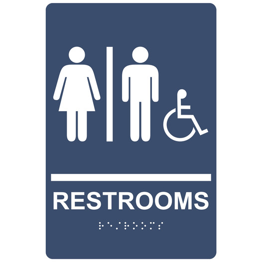Navy ADA Braille RESTROOMS Sign With Accessible Symbol RRE-115_White_on_Navy