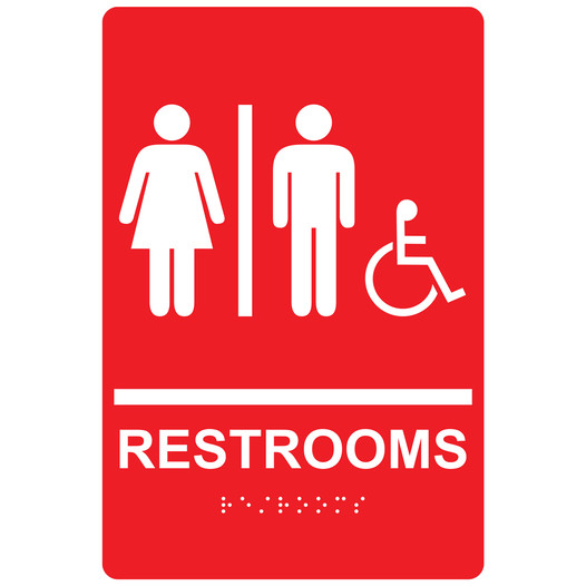 Red ADA Braille RESTROOMS Sign With Accessible Symbol RRE-115_White_on_Red