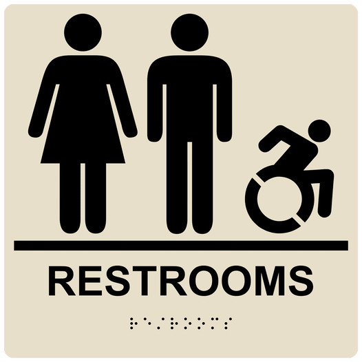 Square Almond Braille RESTROOMS Sign with Dynamic Accessibility Symbol - RRE-115R-99_Black_on_Almond