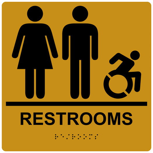 Square Gold Braille RESTROOMS Sign with Dynamic Accessibility Symbol - RRE-115R-99_Black_on_Gold