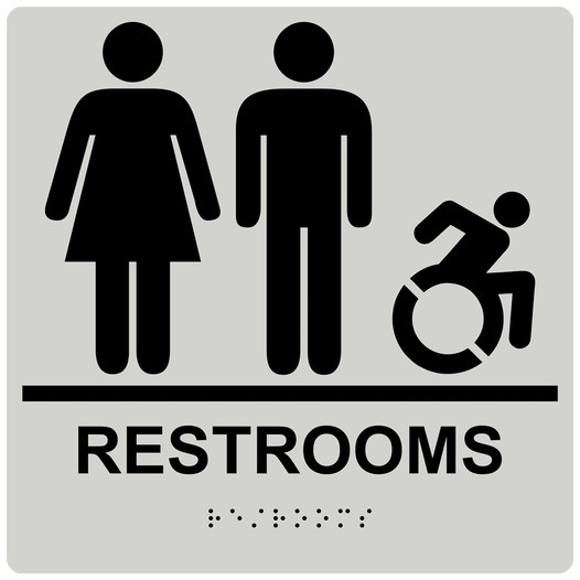 Square Pearl Gray Braille RESTROOMS Sign with Dynamic Accessibility Symbol - RRE-115R-99_Black_on_PearlGray