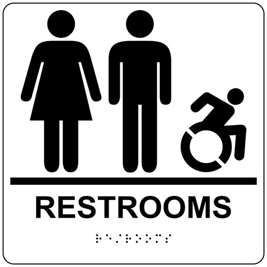 Square White Braille RESTROOMS Sign with Dynamic Accessibility Symbol - RRE-115R-99_Black_on_White
