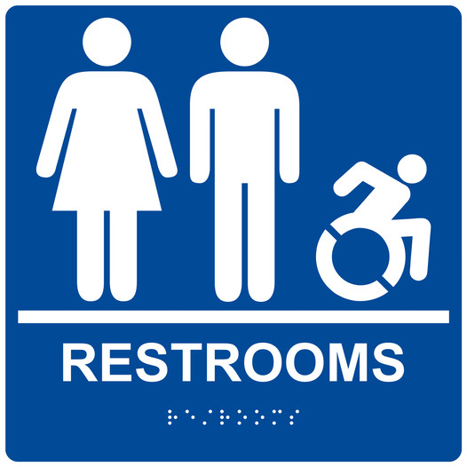 Square Blue Braille RESTROOMS Sign with Dynamic Accessibility Symbol - RRE-115R-99_White_on_Blue