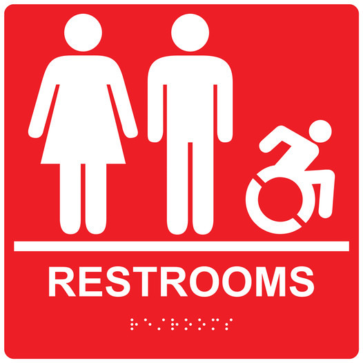 Square Red Braille RESTROOMS Sign with Dynamic Accessibility Symbol - RRE-115R-99_White_on_Red
