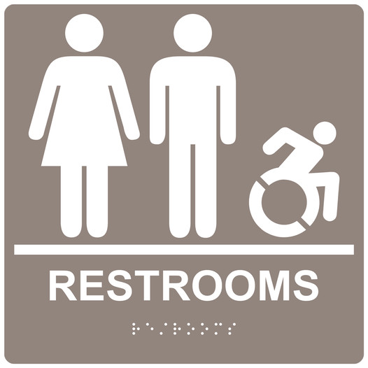 Square Taupe Braille RESTROOMS Sign with Dynamic Accessibility Symbol - RRE-115R-99_White_on_Taupe
