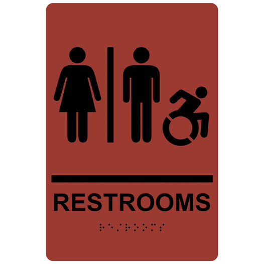 Canyon Braille RESTROOMS Sign with Dynamic Accessibility Symbol RRE-115R_Black_on_Canyon