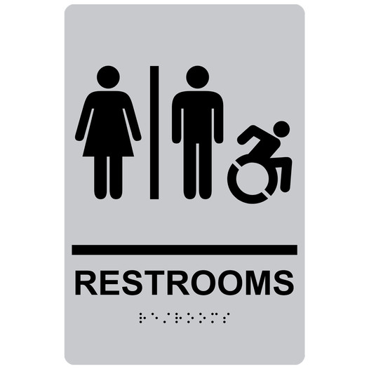 Silver Braille RESTROOMS Sign with Dynamic Accessibility Symbol RRE-115R_Black_on_Silver