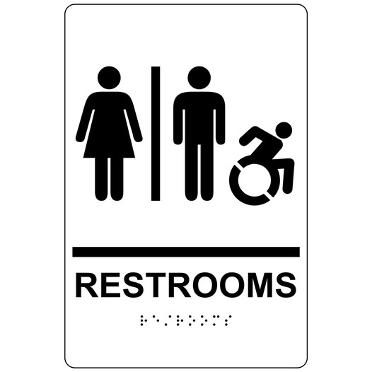 White Braille RESTROOMS Sign with Dynamic Accessibility Symbol RRE-115R_Black_on_White