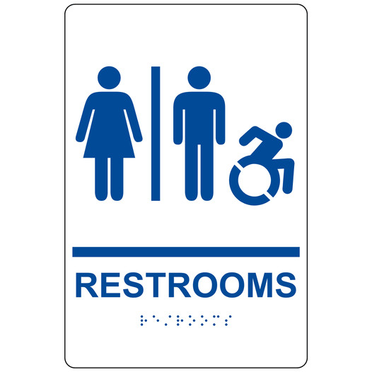 White Braille RESTROOMS Sign with Dynamic Accessibility Symbol RRE-115R_Blue_on_White