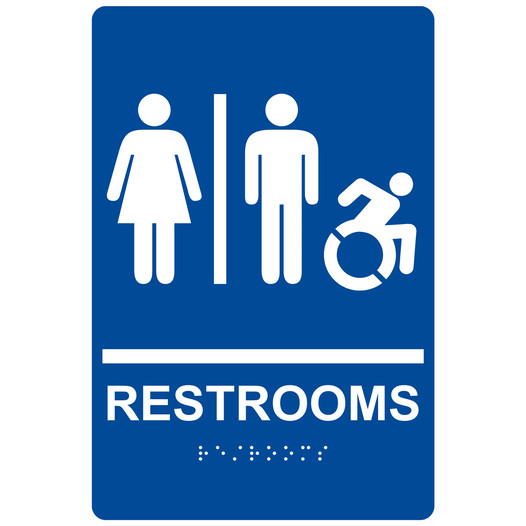 Blue Braille RESTROOMS Sign with Dynamic Accessibility Symbol RRE-115R_White_on_Blue