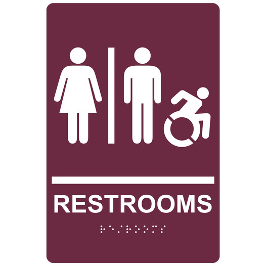 Burgundy Braille RESTROOMS Sign with Dynamic Accessibility Symbol RRE-115R_White_on_Burgundy