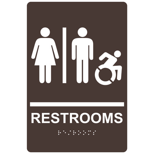Dark Brown Braille RESTROOMS Sign with Dynamic Accessibility Symbol RRE-115R_White_on_DarkBrown