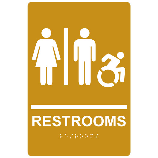 Gold Braille RESTROOMS Sign with Dynamic Accessibility Symbol RRE-115R_White_on_Gold