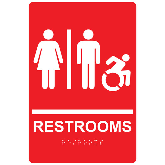 Red Braille RESTROOMS Sign with Dynamic Accessibility Symbol RRE-115R_White_on_Red