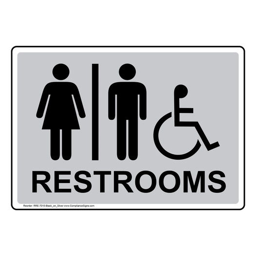 Silver Accessible RESTROOMS Sign With Symbol RRE-7015-Black_on_Silver