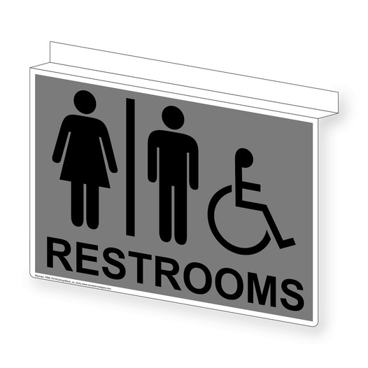Gray Ceiling-Mount Accessible RESTROOMS Sign With Symbol RRE-7015Ceiling-Black_on_Gray
