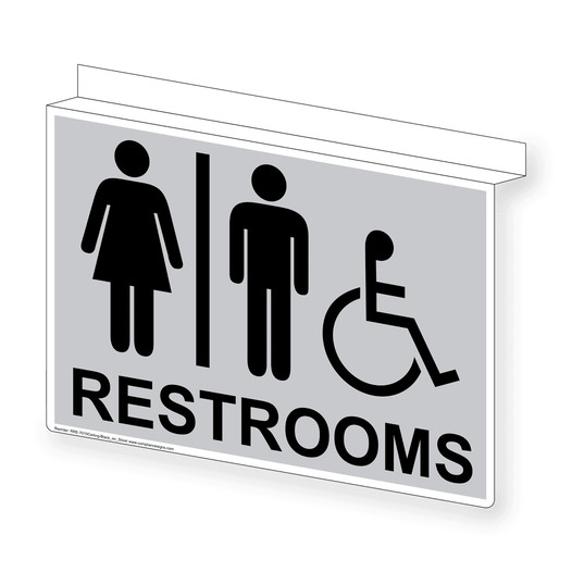 Silver Ceiling-Mount Accessible RESTROOMS Sign With Symbol RRE-7015Ceiling-Black_on_Silver