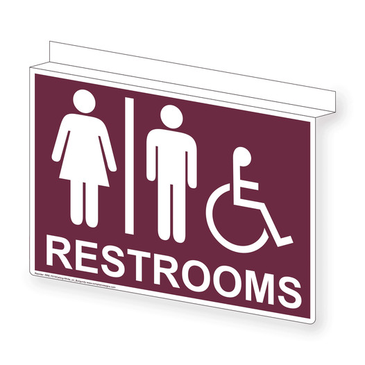 Burgundy Ceiling-Mount Accessible RESTROOMS Sign With Symbol RRE-7015Ceiling-White_on_Burgundy
