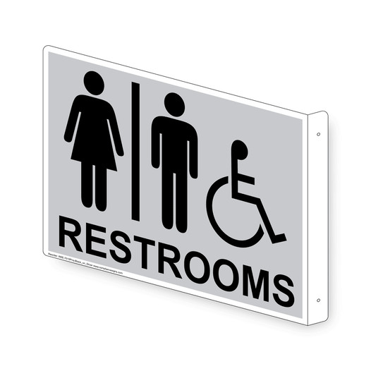 Projection-Mount Silver Accesible RESTROOMS Sign With Symbol RRE-7015Proj-Black_on_Silver