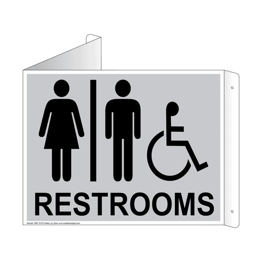 Silver Triangle-Mount Accessible RESTROOMS Sign With Symbol RRE-7015Tri-Black_on_Silver