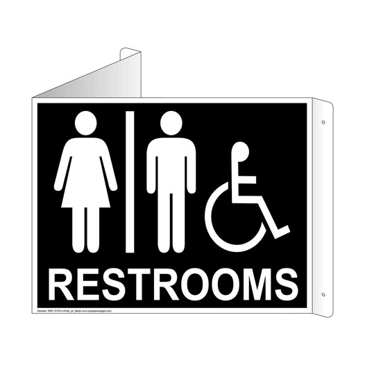 Black Triangle-Mount Accessible RESTROOMS Sign With Symbol RRE-7015Tri-White_on_Black