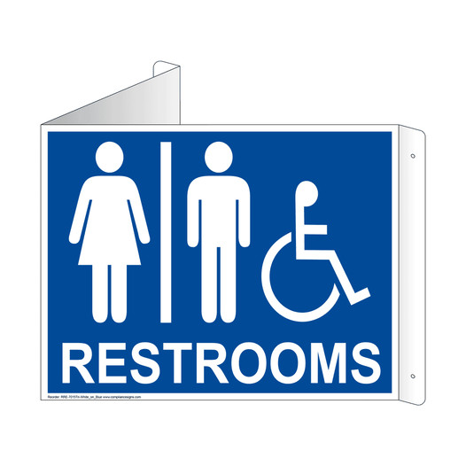 Blue Triangle-Mount Accessible RESTROOMS Sign With Symbol RRE-7015Tri-White_on_Blue