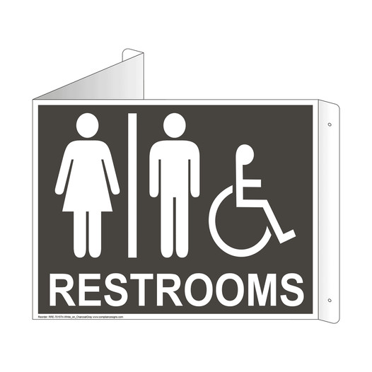 Charcoal Gray Triangle-Mount Accessible RESTROOMS Sign With Symbol RRE-7015Tri-White_on_CharcoalGray