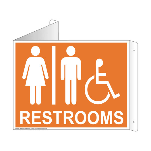 Orange Triangle-Mount Accessible RESTROOMS Sign With Symbol RRE-7015Tri-White_on_Orange