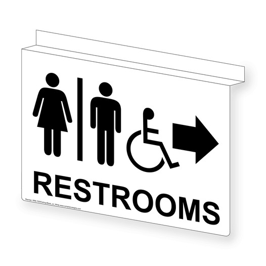 White Ceiling-Mount Accessible RESTROOMS Right Sign With Symbol RRE-7020Ceiling-Black_on_White