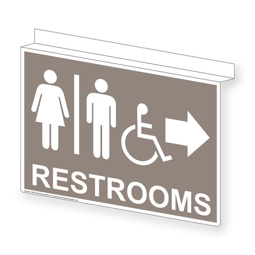 Taupe Ceiling-Mount Accessible RESTROOMS Right Sign With Symbol RRE-7020Ceiling-White_on_Taupe