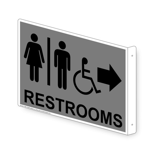 Projection-Mount Gray Accesible RESTROOMS (With Inward Arrow) Sign With Symbol RRE-7020Proj-Black_on_Gray