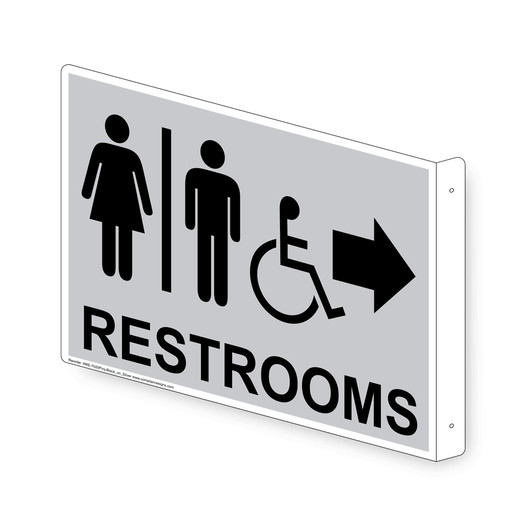 Projection-Mount Silver Accesible RESTROOMS (With Inward Arrow) Sign With Symbol RRE-7020Proj-Black_on_Silver