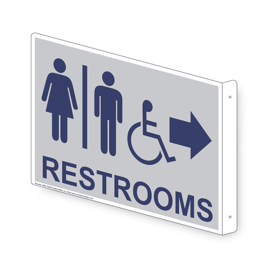 Projection-Mount Silver Accesible RESTROOMS (With Inward Arrow) Sign With Symbol RRE-7020Proj-MarineBlue_on_Silver