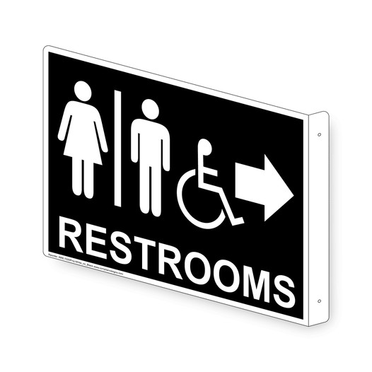 Projection-Mount Black Accesible RESTROOMS (With Inward Arrow) Sign With Symbol RRE-7020Proj-White_on_Black