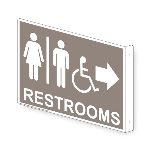 Projection-Mount Taupe Accessible RESTROOMS (With Inward Arrow) Sign With Symbol