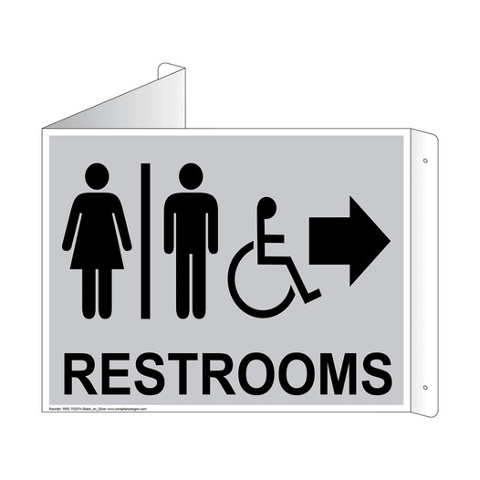 Silver Triangle-Mount Accessible RESTROOMS (With Inward Arrow) Sign With Symbol RRE-7020Tri-Black_on_Silver