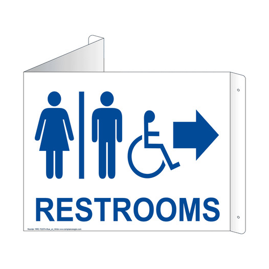 White Triangle-Mount Accessible RESTROOMS (With Inward Arrow) Sign With Symbol RRE-7020Tri-Blue_on_White