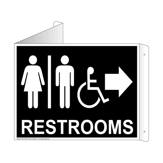 Black Triangle-Mount Accessible RESTROOMS (With Inward Arrow) Sign With Symbol RRE-7020Tri-White_on_Black