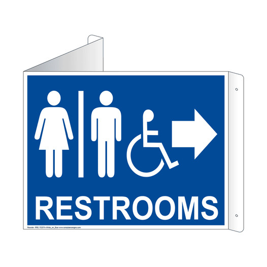 Blue Triangle-Mount Accessible RESTROOMS (With Inward Arrow) Sign With Symbol RRE-7020Tri-White_on_Blue