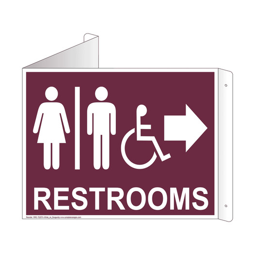 Burgundy Triangle-Mount Accessible RESTROOMS (With Inward Arrow) Sign With Symbol RRE-7020Tri-White_on_Burgundy